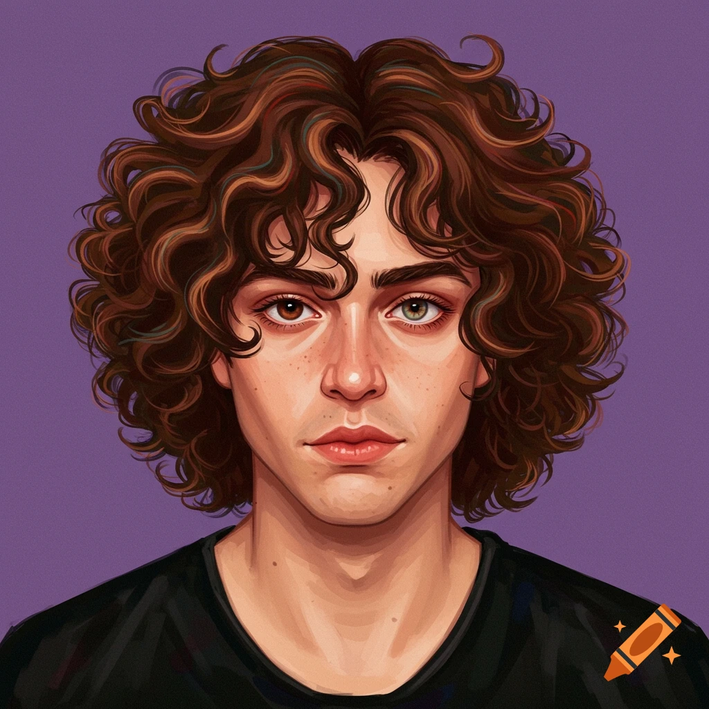 A person with curly brown hair and heterochromia, wearing a black shirt, on a purple background.