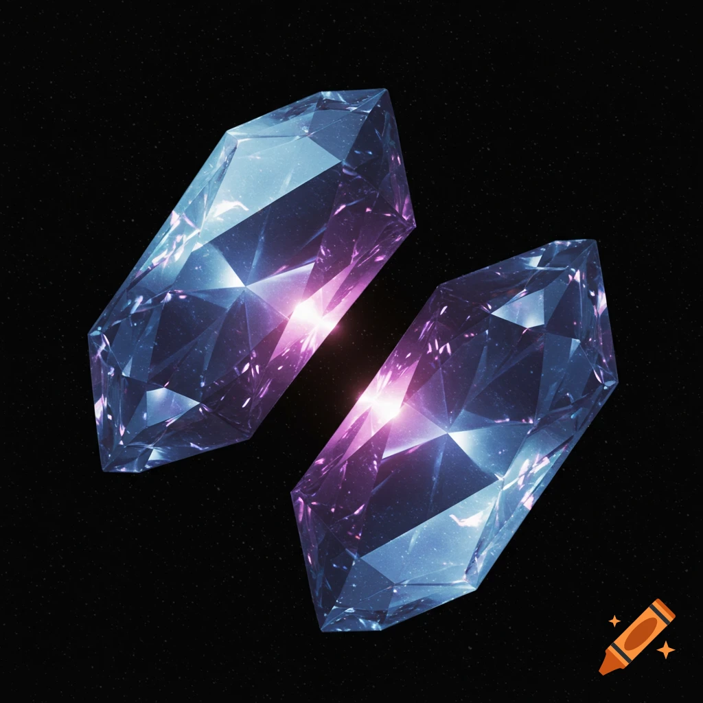 Two large faceted crystals with blue and purple light on a dark, starry background.