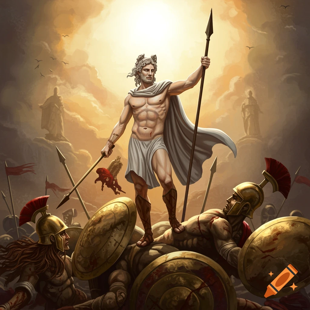 Apollo standing victorious over fallen warriors on a battlefield under a bright sun.