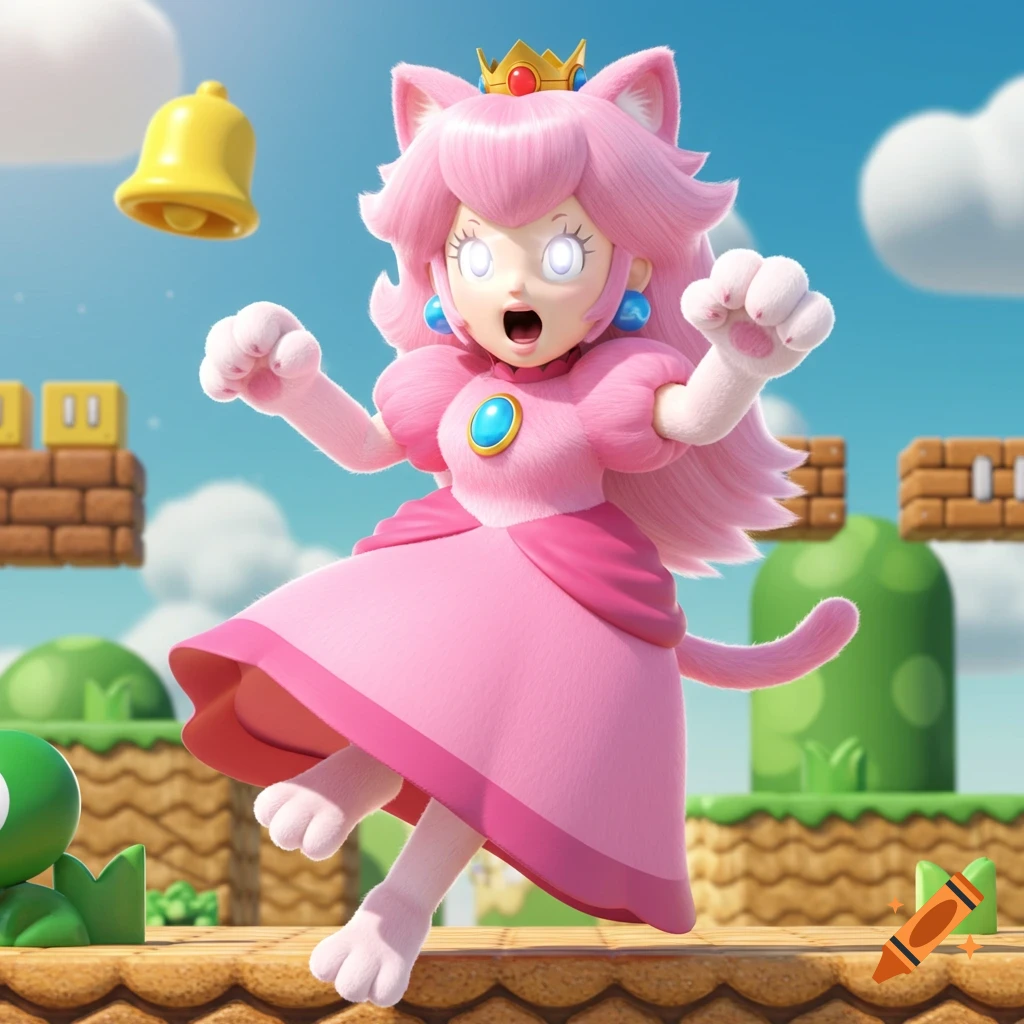 3D render of Cat Peach jumping in a Super Mario level.