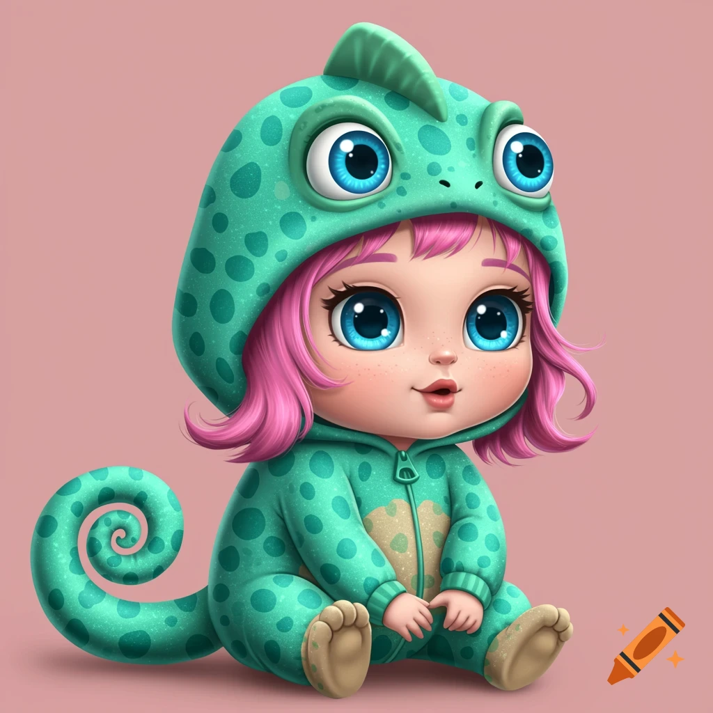 A cute baby in a teal chameleon costume with pink hair and big blue eyes sits on a pink background.