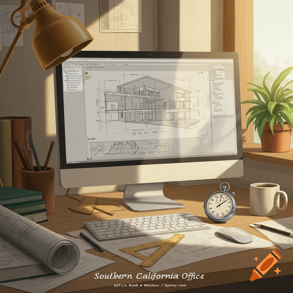 A sunlit desk with architectural drawings on a computer, a stopwatch, coffee mug, and drafting tools.