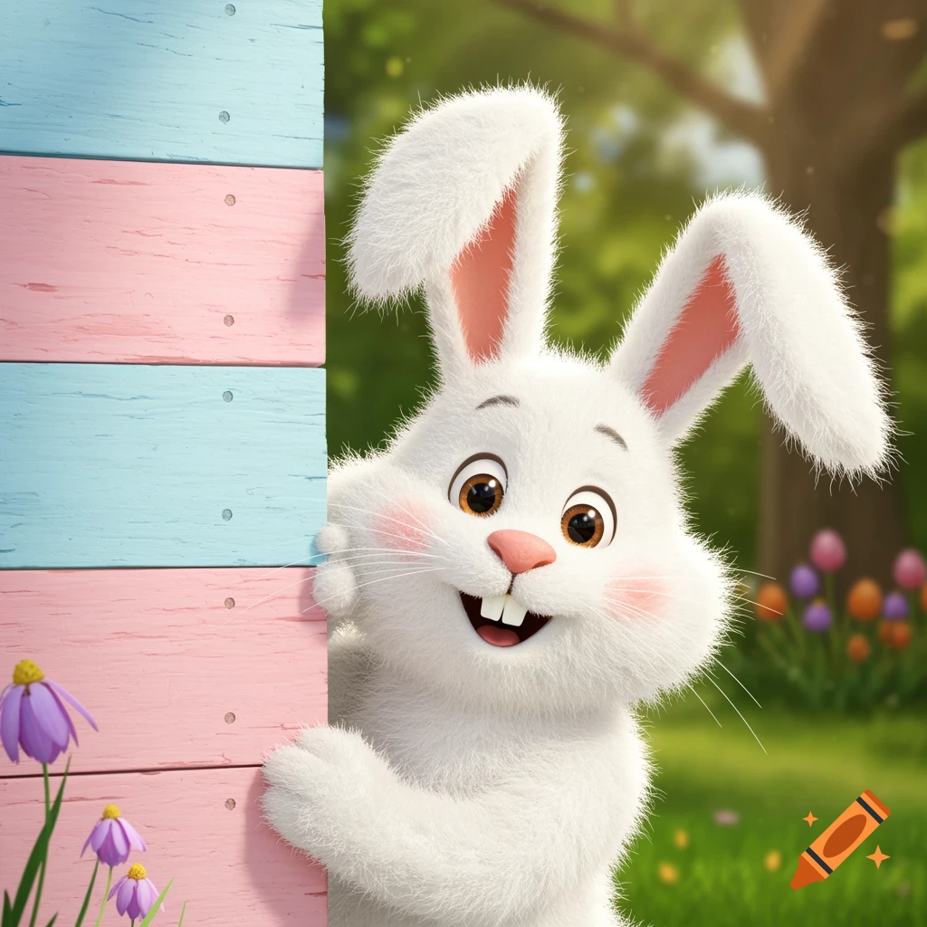 A cheerful white cartoon Easter bunny peeks from behind a pink and blue wooden wall in a garden with flowers.