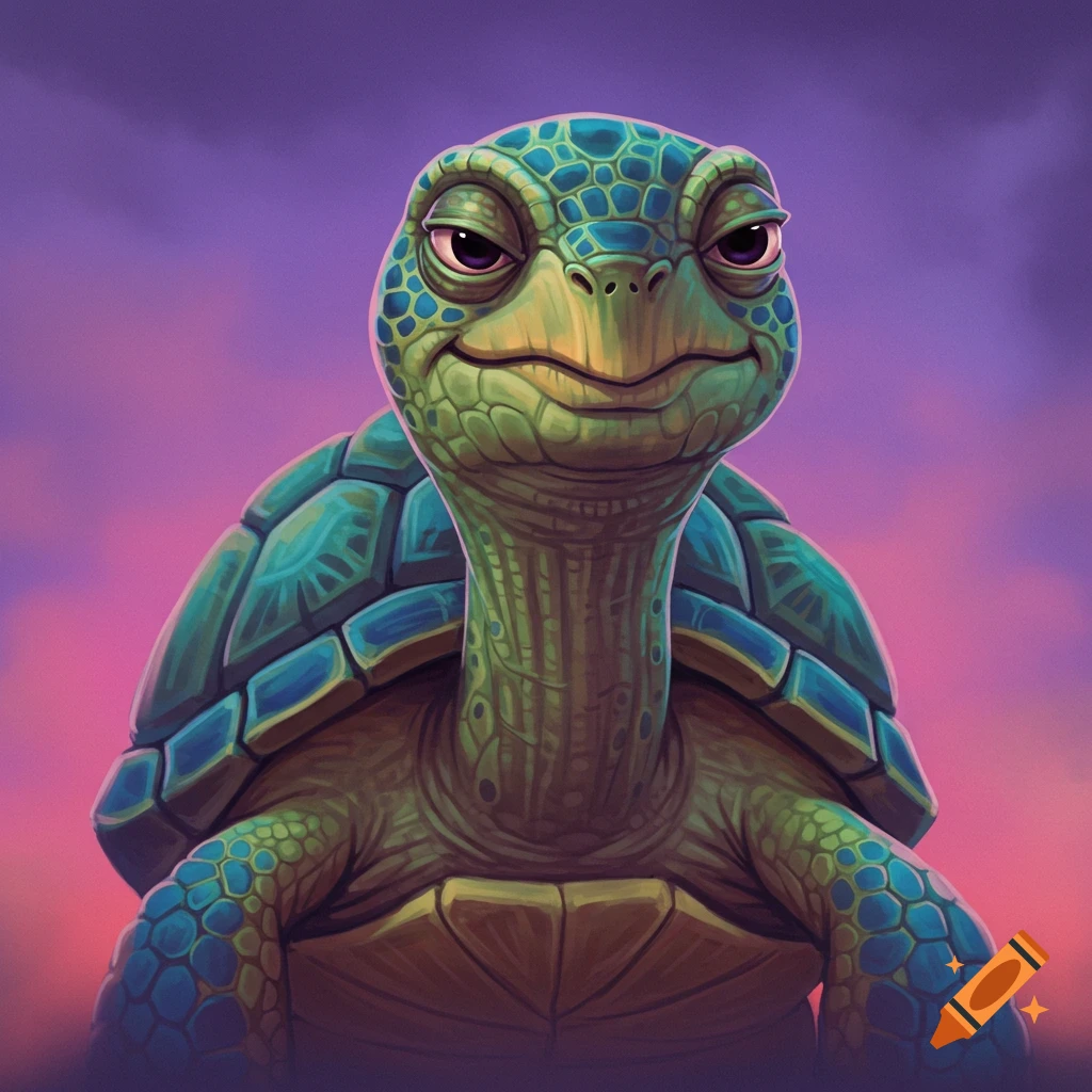 Close-up of a suspicious-looking cartoon turtle against a colorful sky.