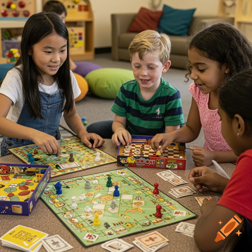 Diverse children play board games in a playroom.