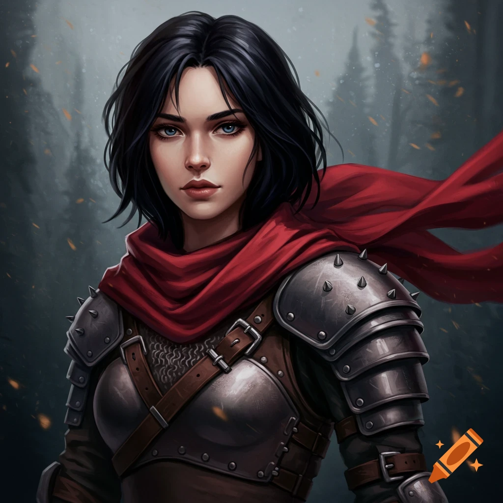 A woman in studded fantasy armor and a red scarf