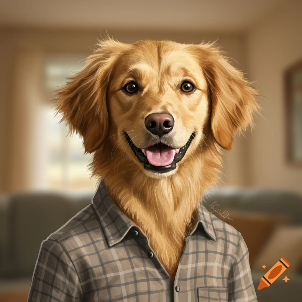 Golden retriever's head on a human body wearing a plaid shirt.