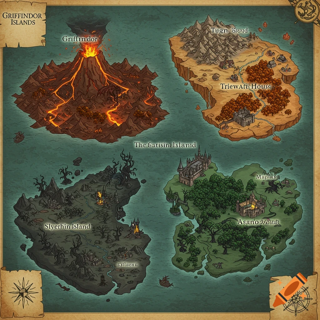 A fantasy map showing four distinct magical islands with varied landscapes, drawn in an illustrated style on parchment.