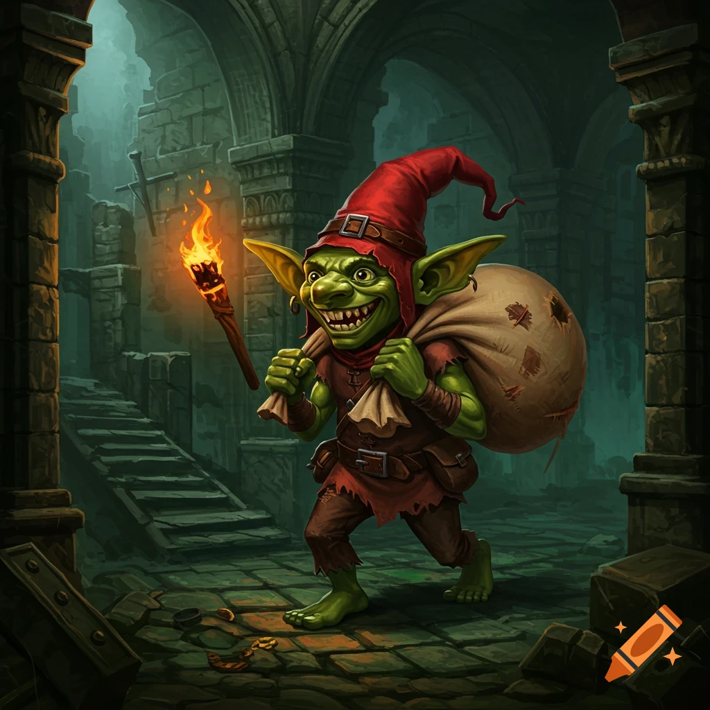 A green goblin in a red hat is carrying a sack through a dark dungeon.