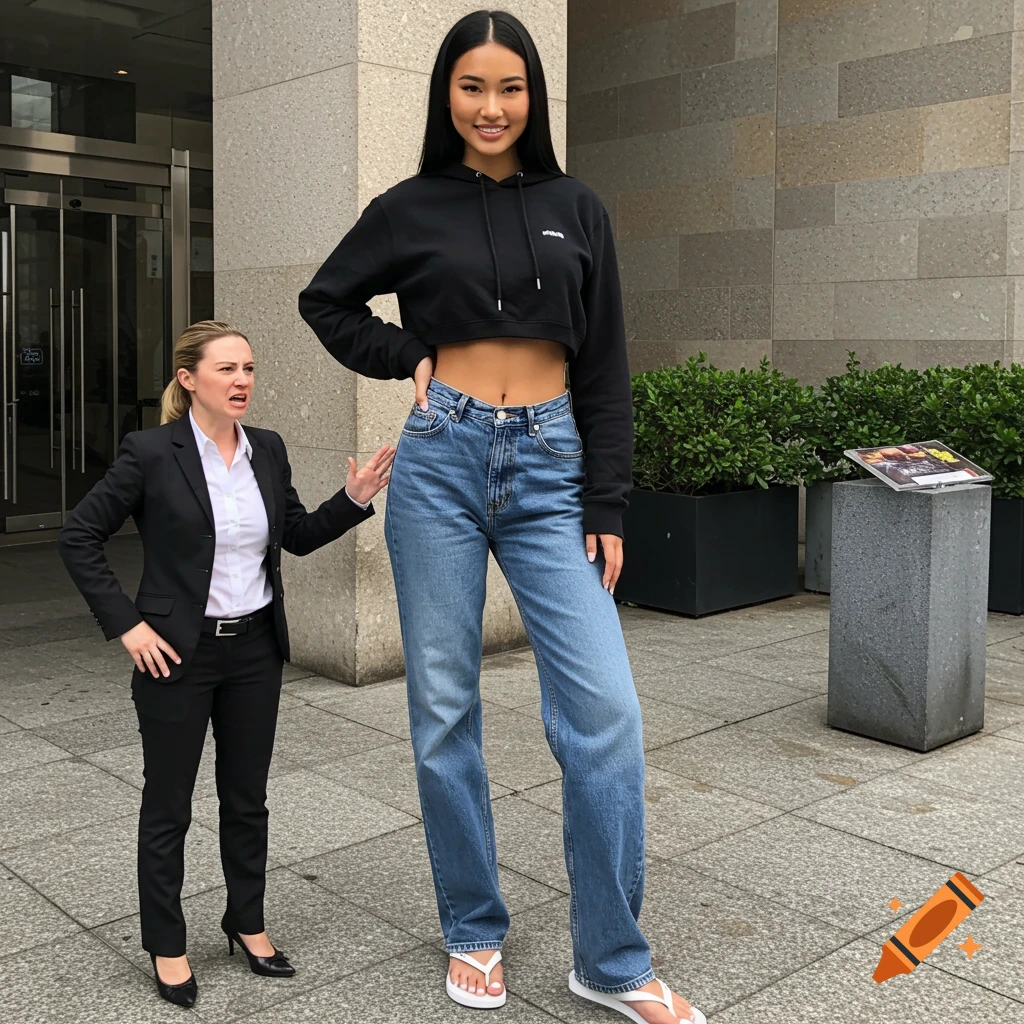 A very tall woman in a cropped hoodie and jeans stands next to a shorter woman in a business suit outside a building.