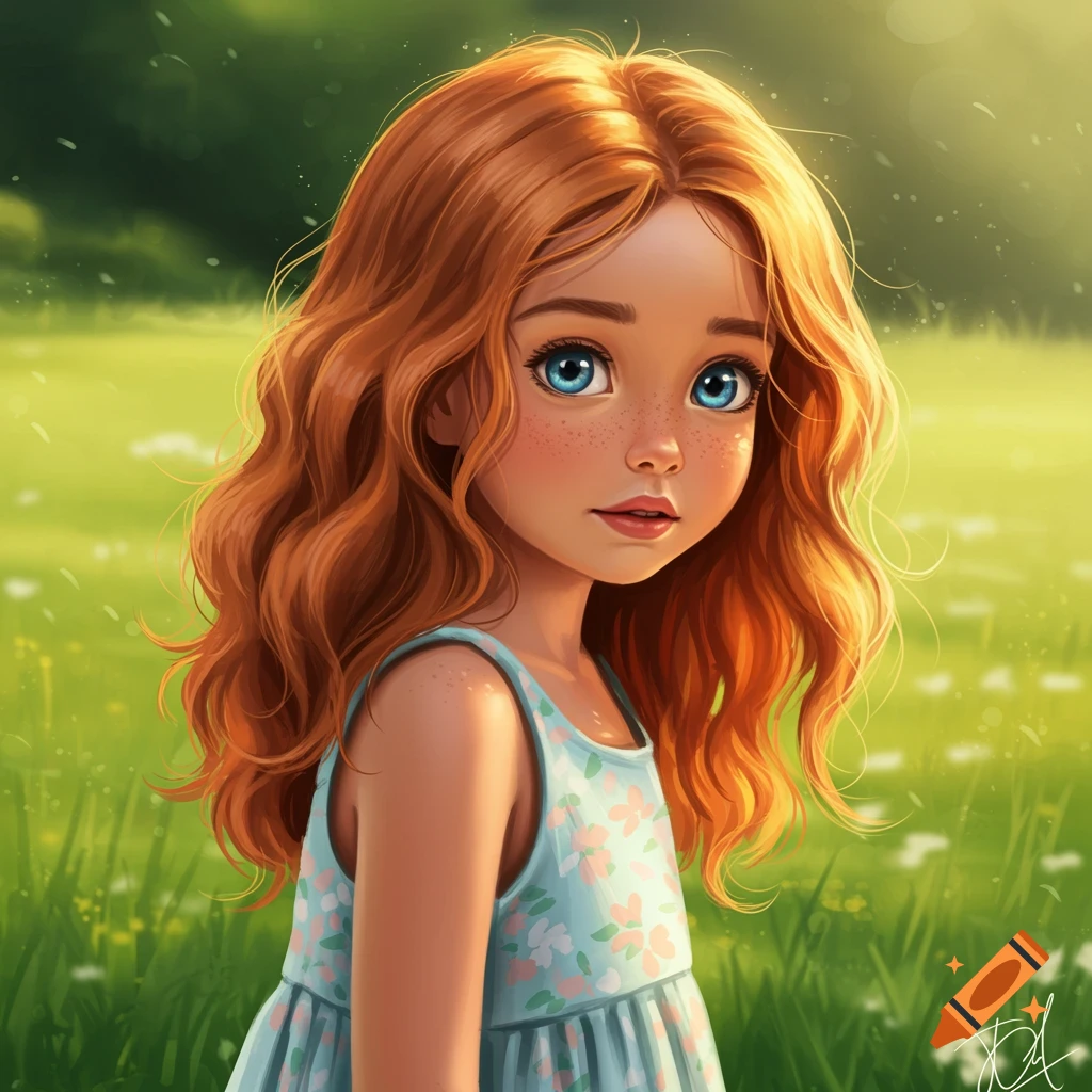 Illustration of a young girl with red hair and blue eyes in a field of ...