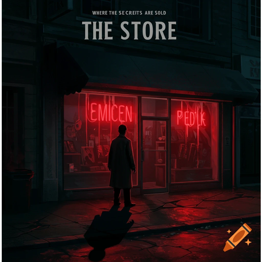 Movie poster for "The Store" showing a man in front of a red-lit shop window at night.