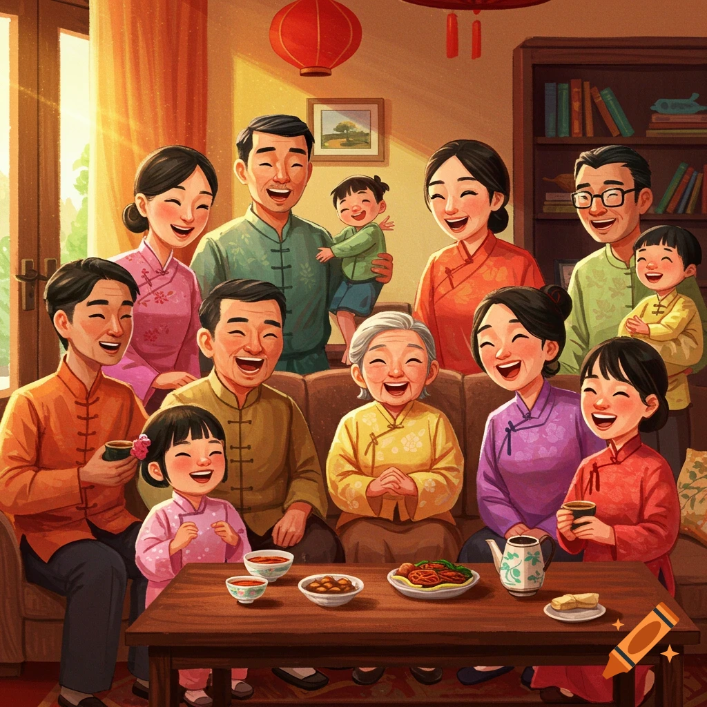 A large Asian family smiles and laughs during a gathering in a warm home setting.
