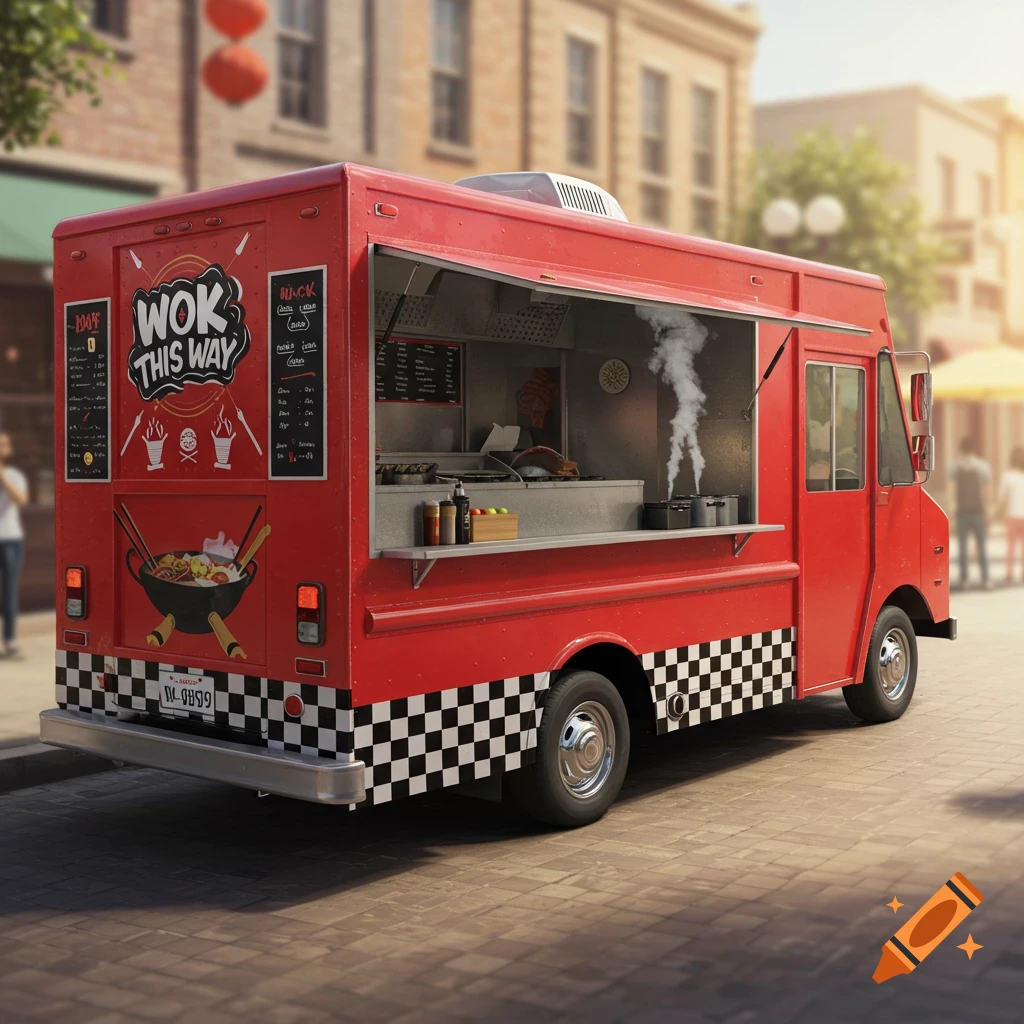 A red food truck with 'Wok This Way' written on it, parked on a street.