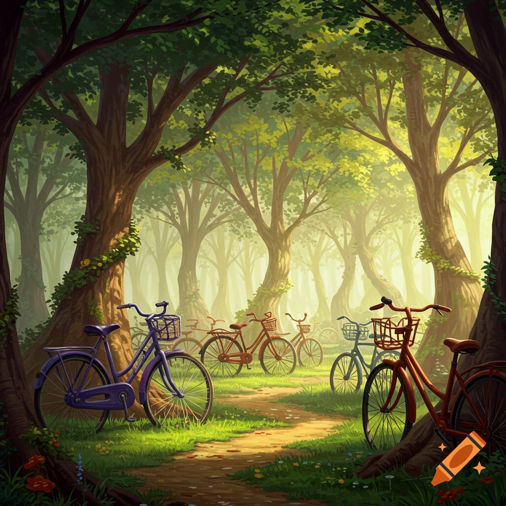 Bicycles lined up on a path in a misty forest.