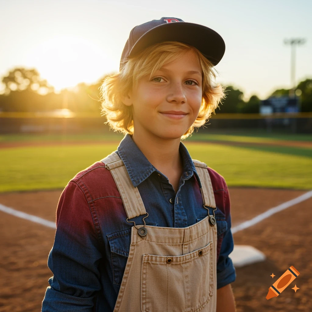 A boy wearing a baseball cap and overalls stands on a baseball field at sunset.
