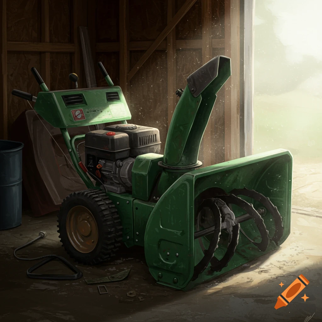 A green snowblower sits damaged inside a garage.