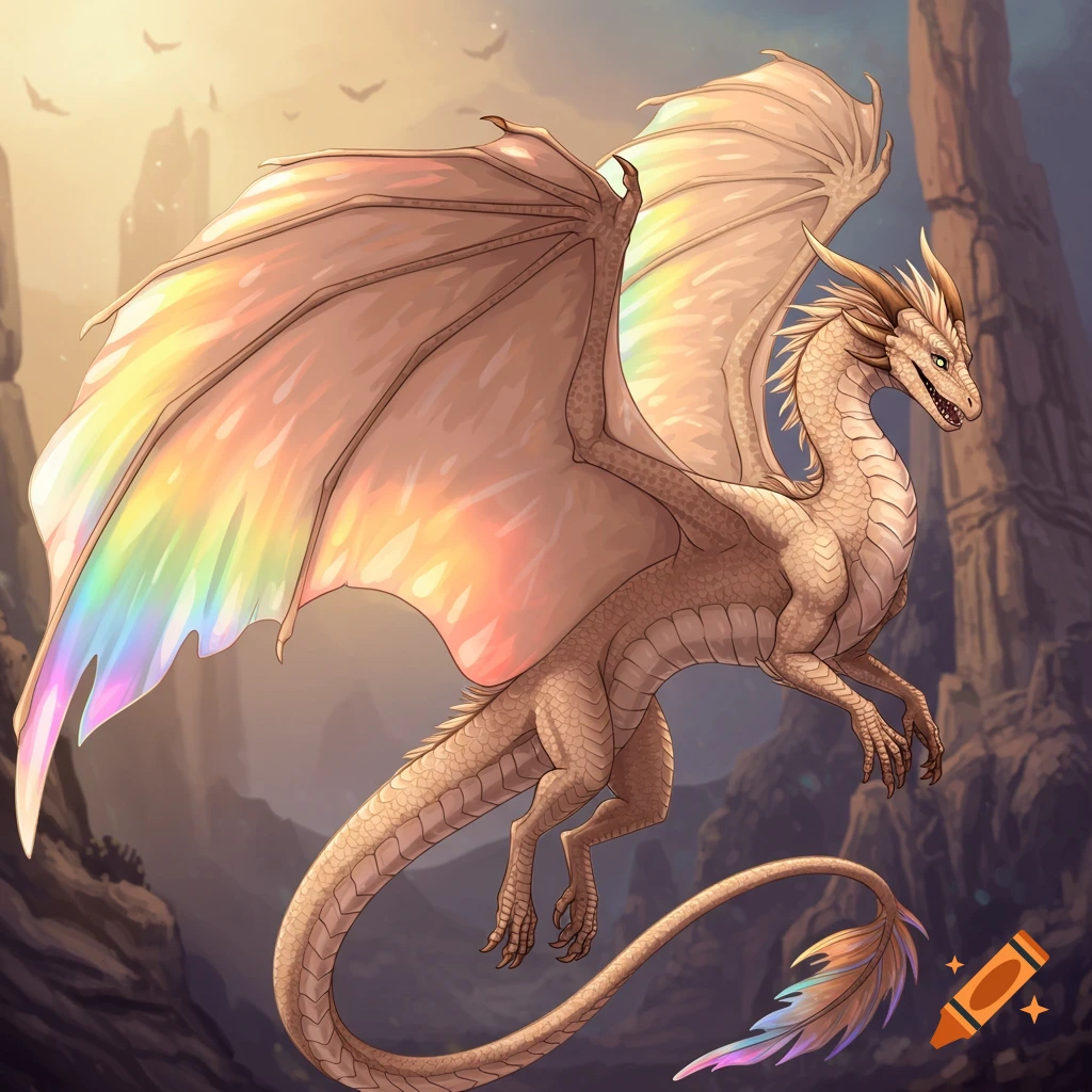 A pale brown dragon with rainbow wings and tail flying through a rocky canyon.