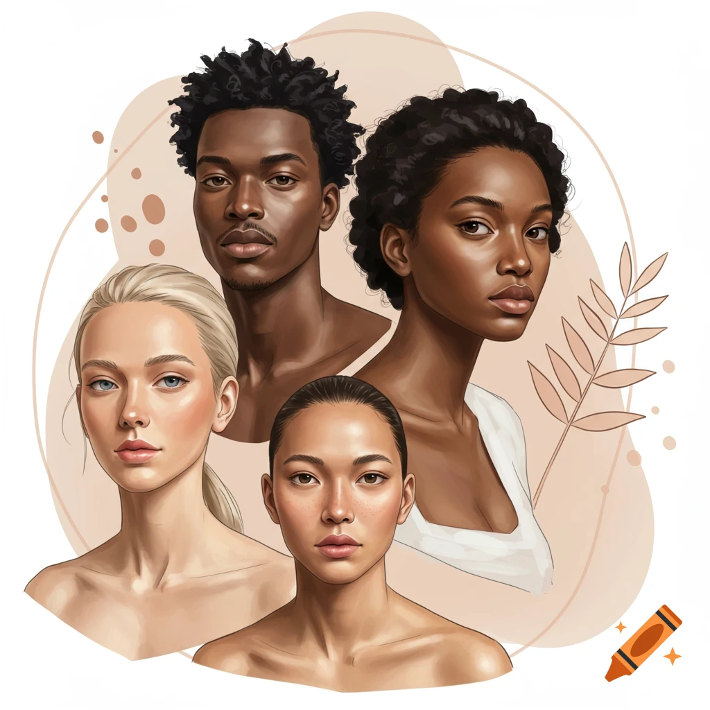 Digital portraits of four diverse individuals with different skin tones and hair types, in a soft, abstract style.