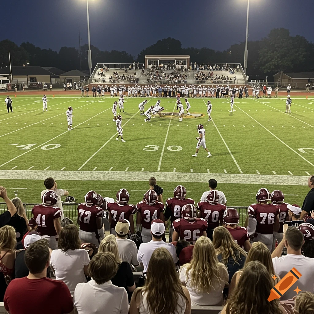 View from the stands of a high school football game on a field under lights.