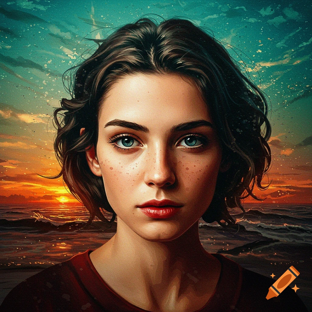 Portrait of a woman with blue eyes and freckles against a sunset ocean.