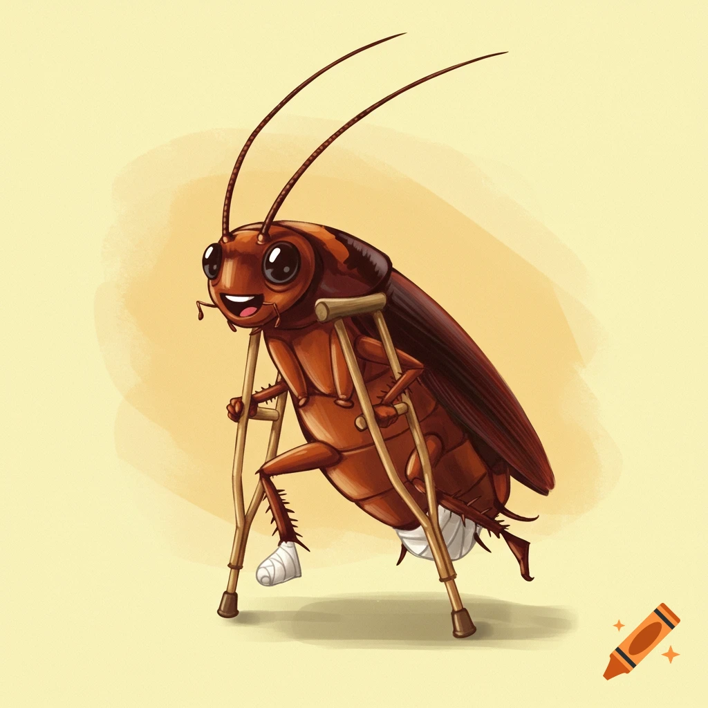 A cartoon cockroach walking on crutches with bandaged legs.