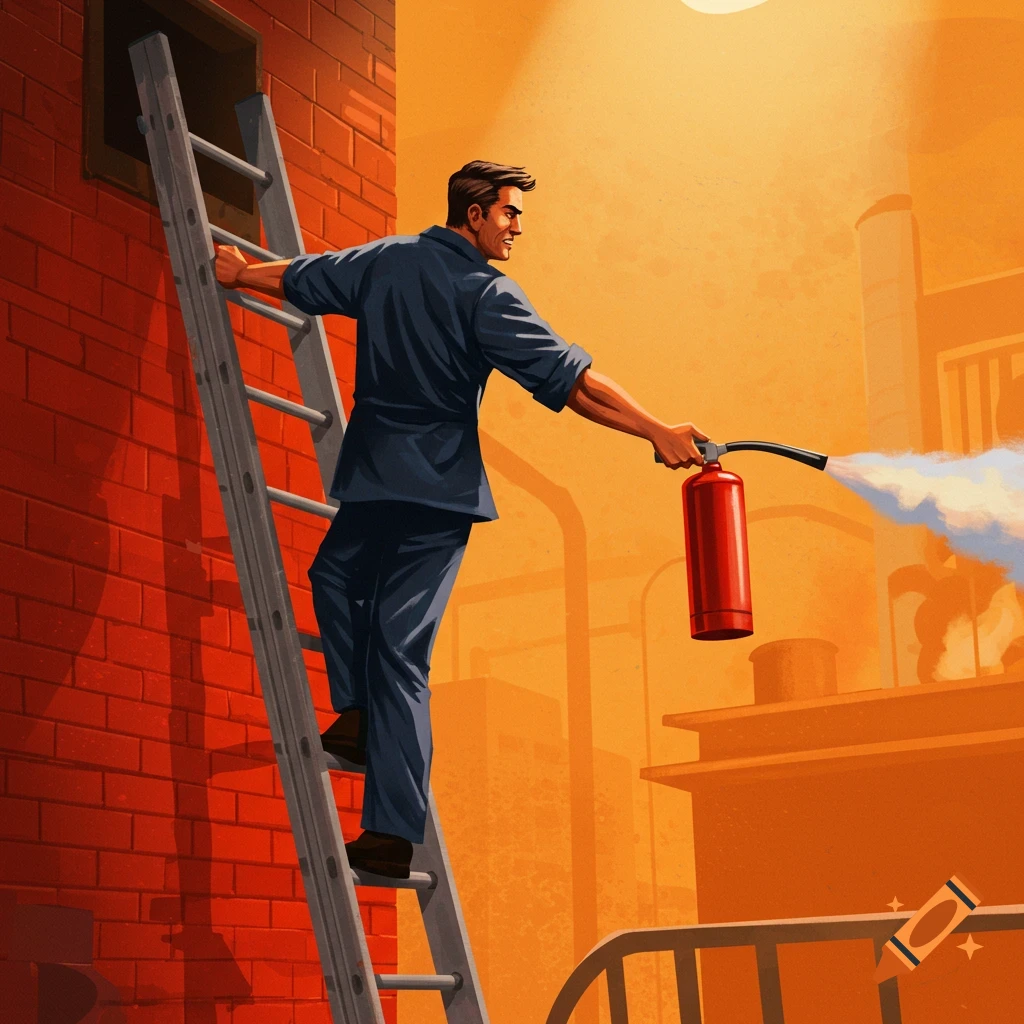 A man is on a ladder spraying a fire extinguisher downwards.