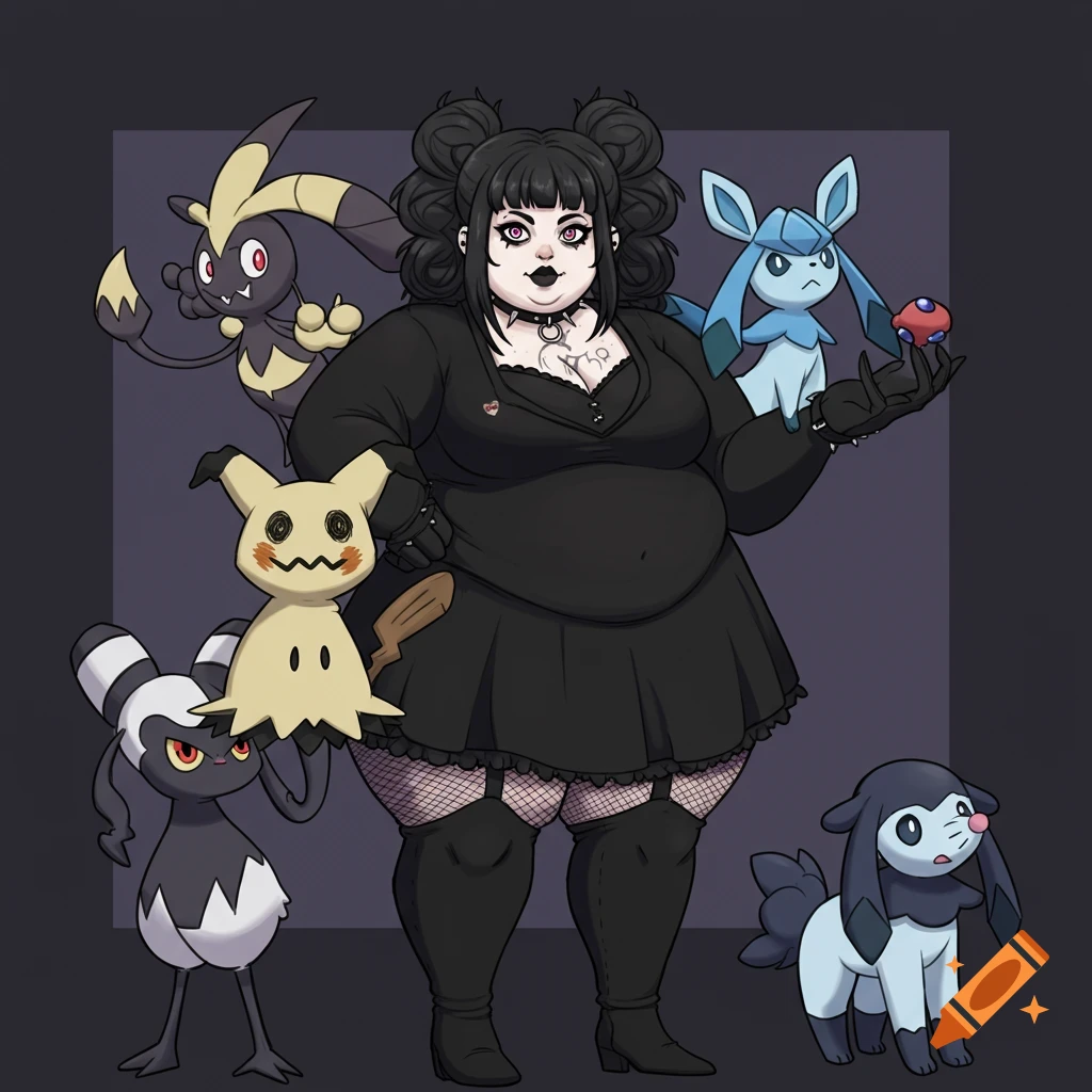 Illustration of a woman in a goth dress and fishnets standing with several Pokemon characters