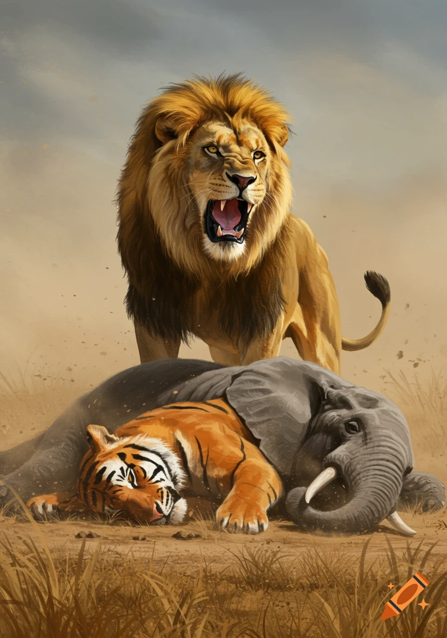 A lion roars over a fallen elephant and tiger in a savannah.