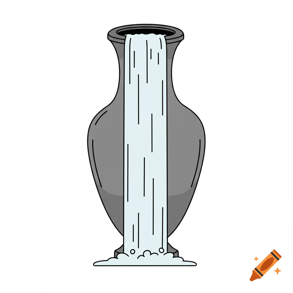 Clip art illustration of a gray urn with water flowing from the top.