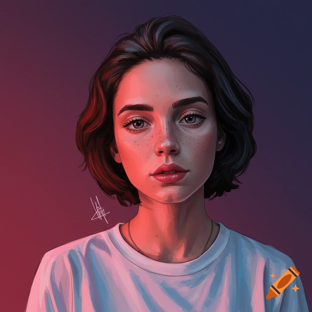 Close-up of a young woman with short dark hair, freckles, and red and purple lighting.