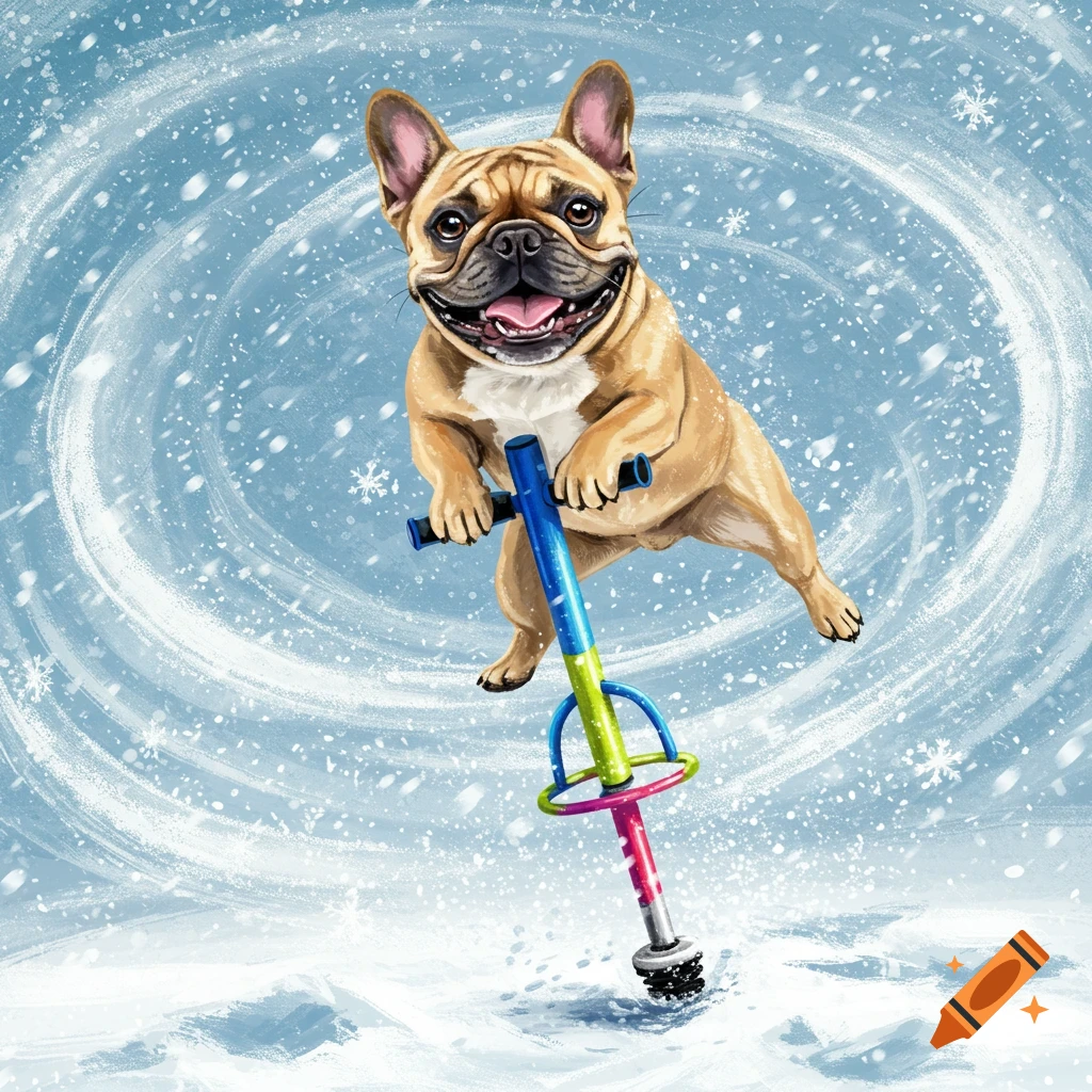 A French bulldog hopping on a pogo stick in a snowstorm.
