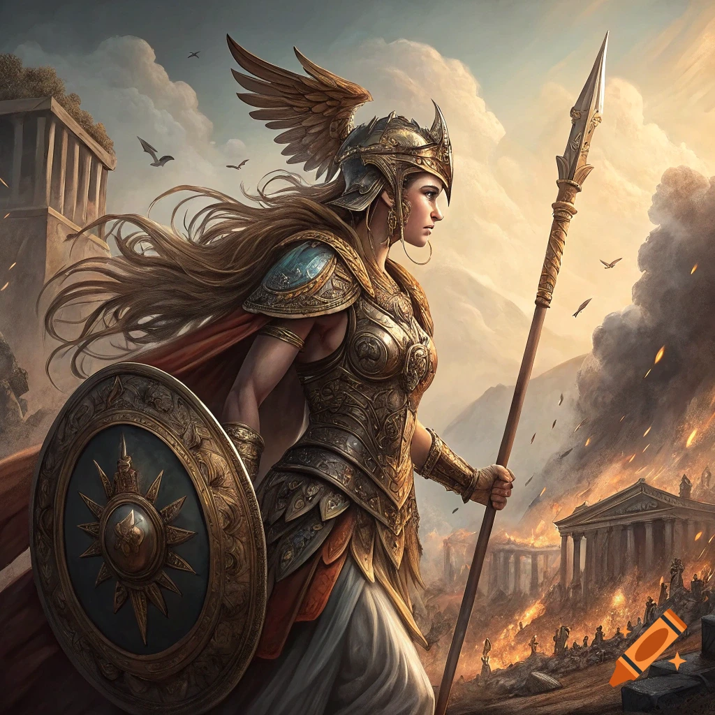 A female warrior in ornate gold armor and winged helmet holds a shield and spear amidst burning ruins.