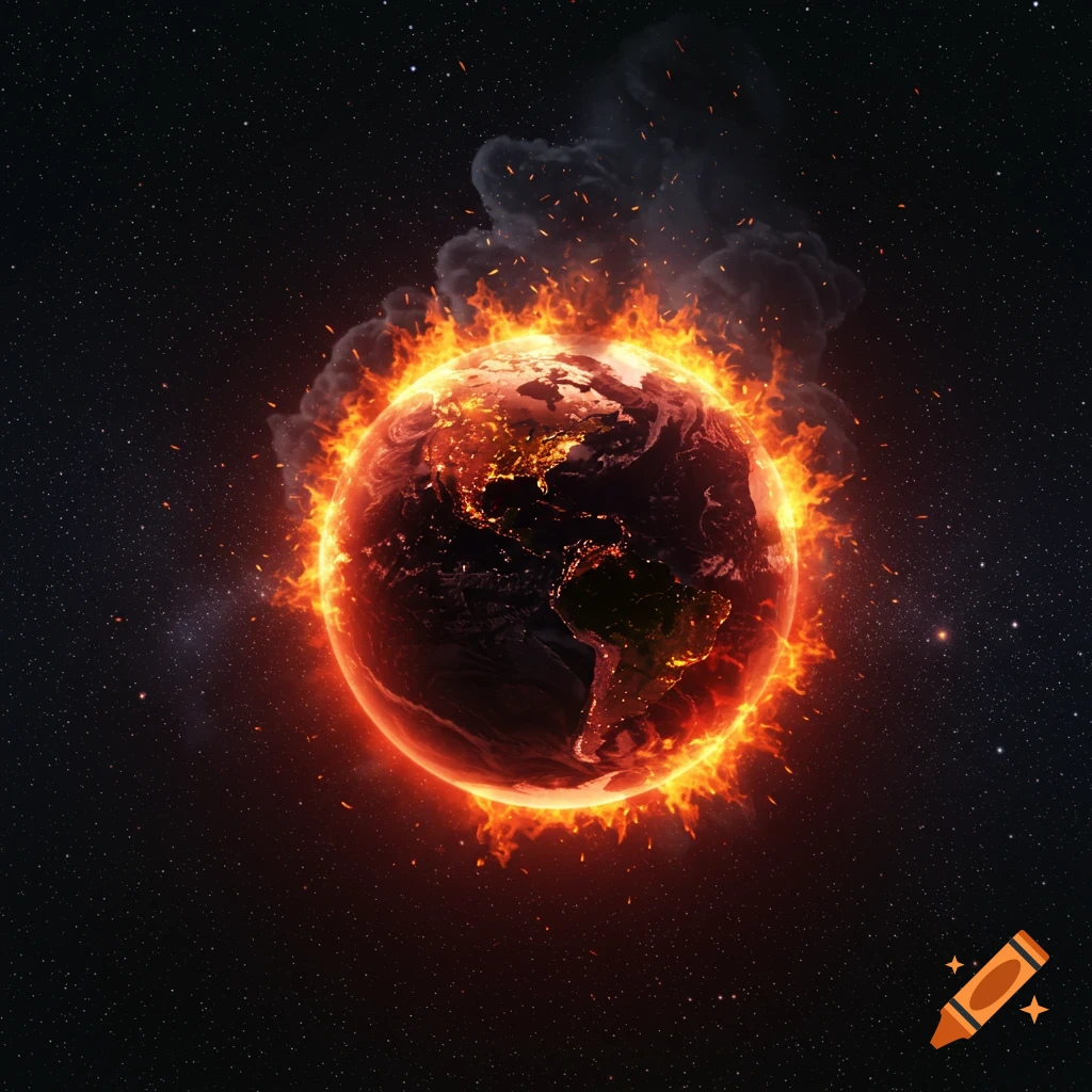 Earth engulfed in flames and smoke in space, with stars in the background.