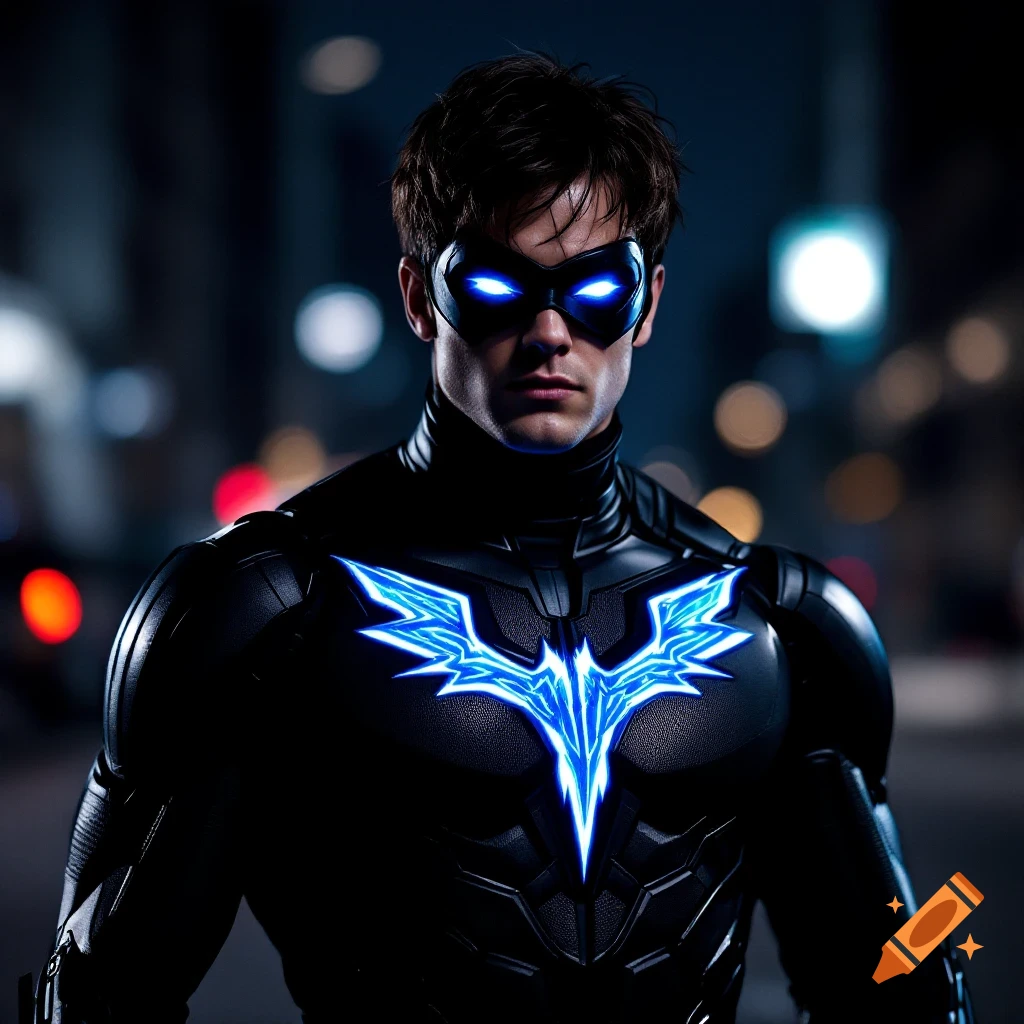 A portrait of a man in a black superhero suit with a blue glowing emblem and mask with blue eyes, urban background at night.