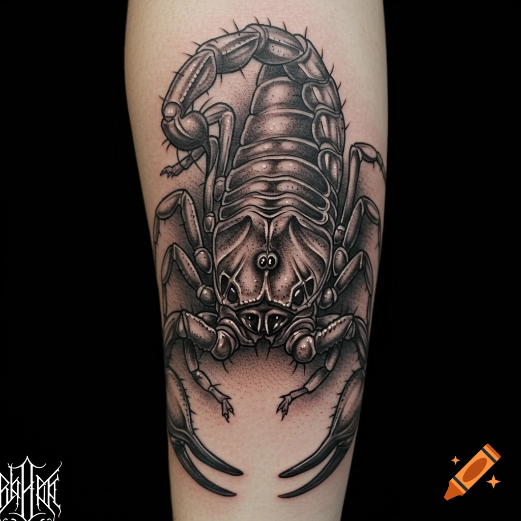 Close-up black and gray scorpion tattoo on a person's arm.