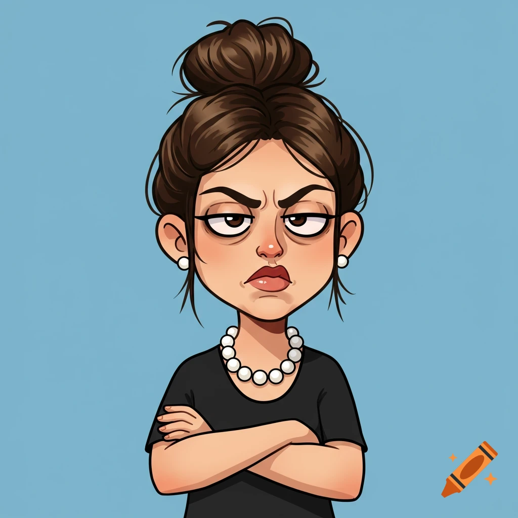 Cartoon woman with messy bun, pearl necklace, and crossed arms looks annoyed.