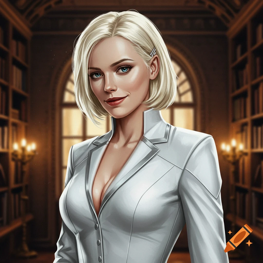 A woman with blonde hair in a white jacket stands in a library.
