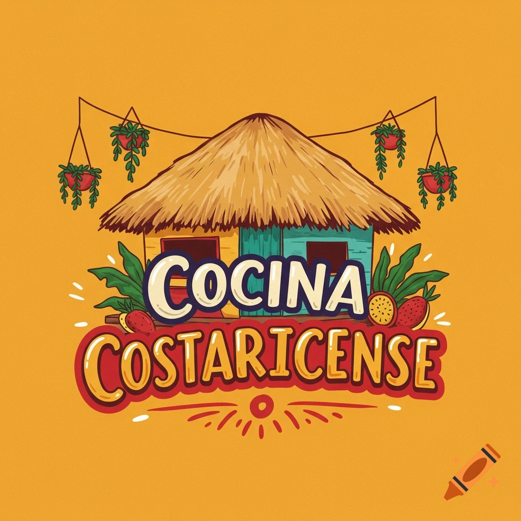 Logo for Cocina Costarricense restaurant featuring a thatched hut, plants, and fruit in an illustrative style.