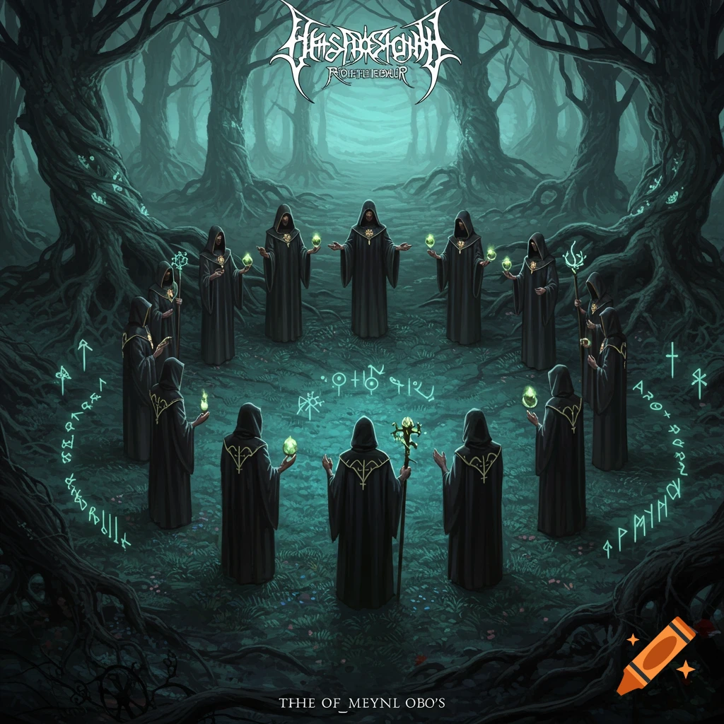 Circle of cloaked figures in a dark forest clearing with glowing runes and mystical symbols.