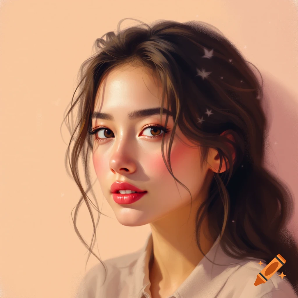 Portrait of a young woman with brown hair and pink blush.