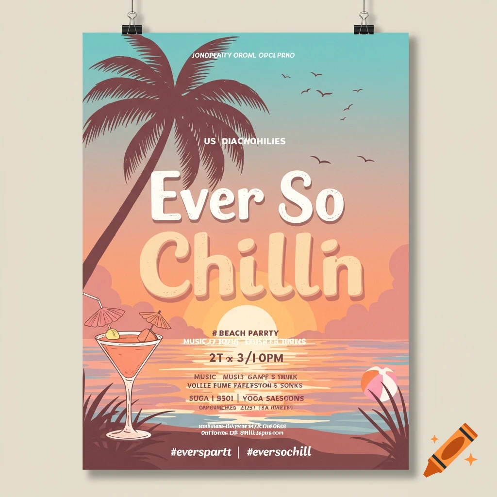 A retro-style flyer for a beach party called "Ever So Chillin" with a palm tree, cocktail, and sunset.