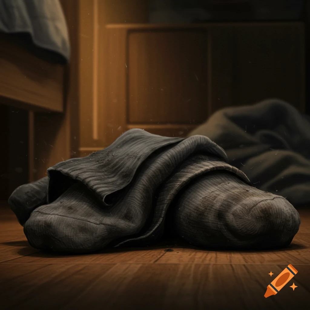 A pair of dirty socks lie on a wooden floor in a room.