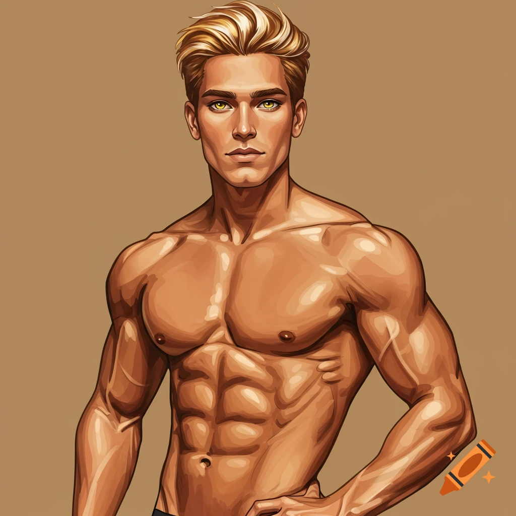 A stylized illustration of a muscular man with blond hair.