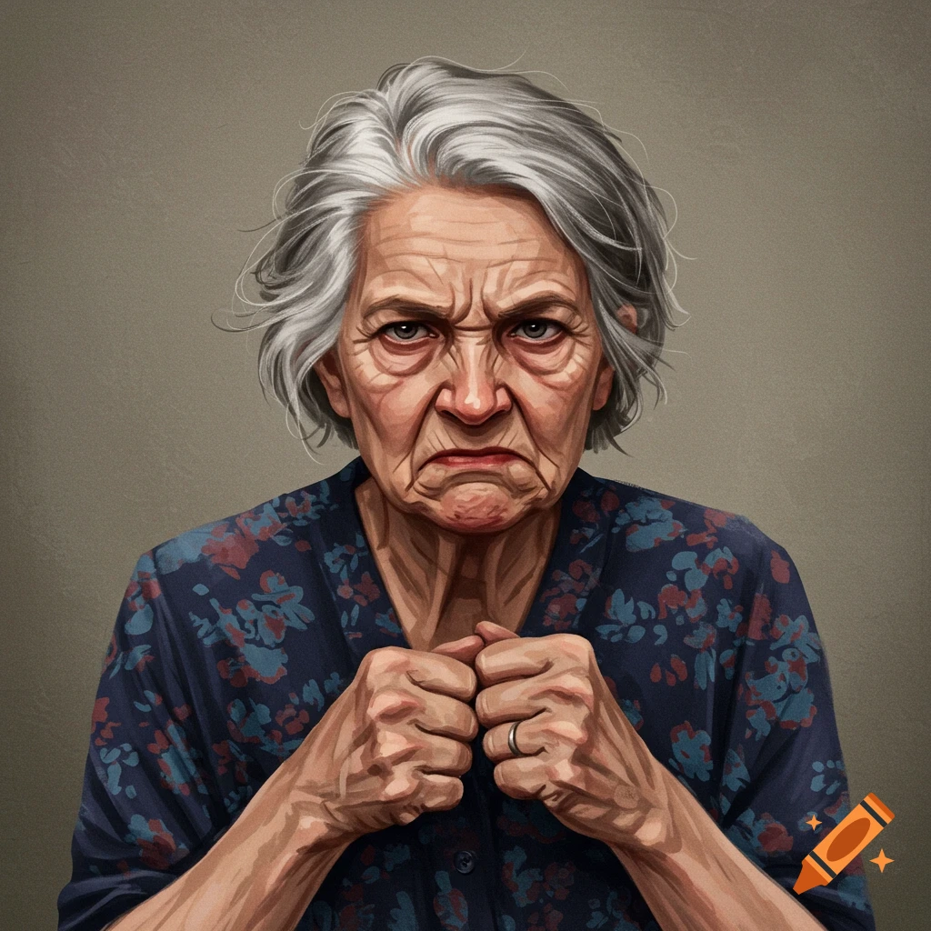 An annoyed old woman clenching her fists.