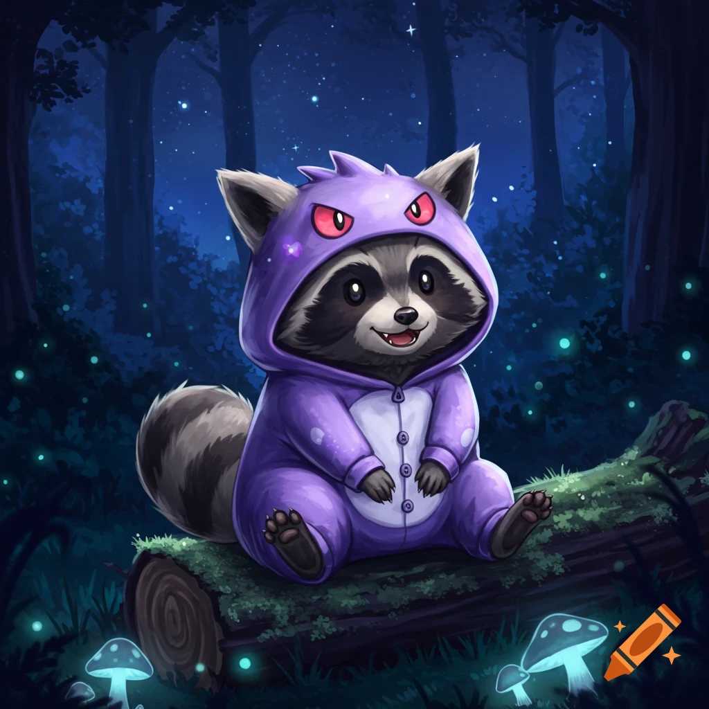 A cute raccoon wearing a purple Gengar onesie sits on a mossy log in a dark, starry forest at night.
