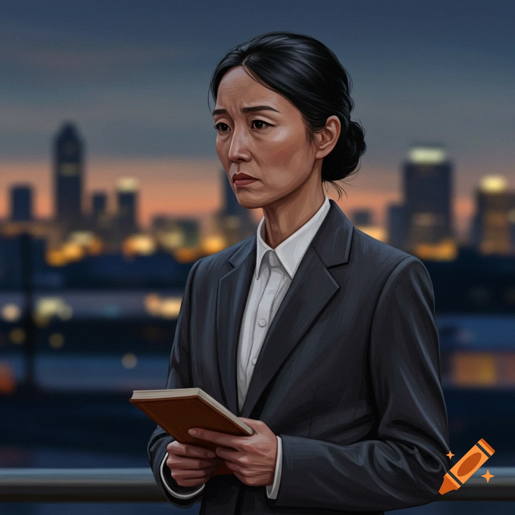 A woman in a suit holds a book with a blurred city skyline at dusk.