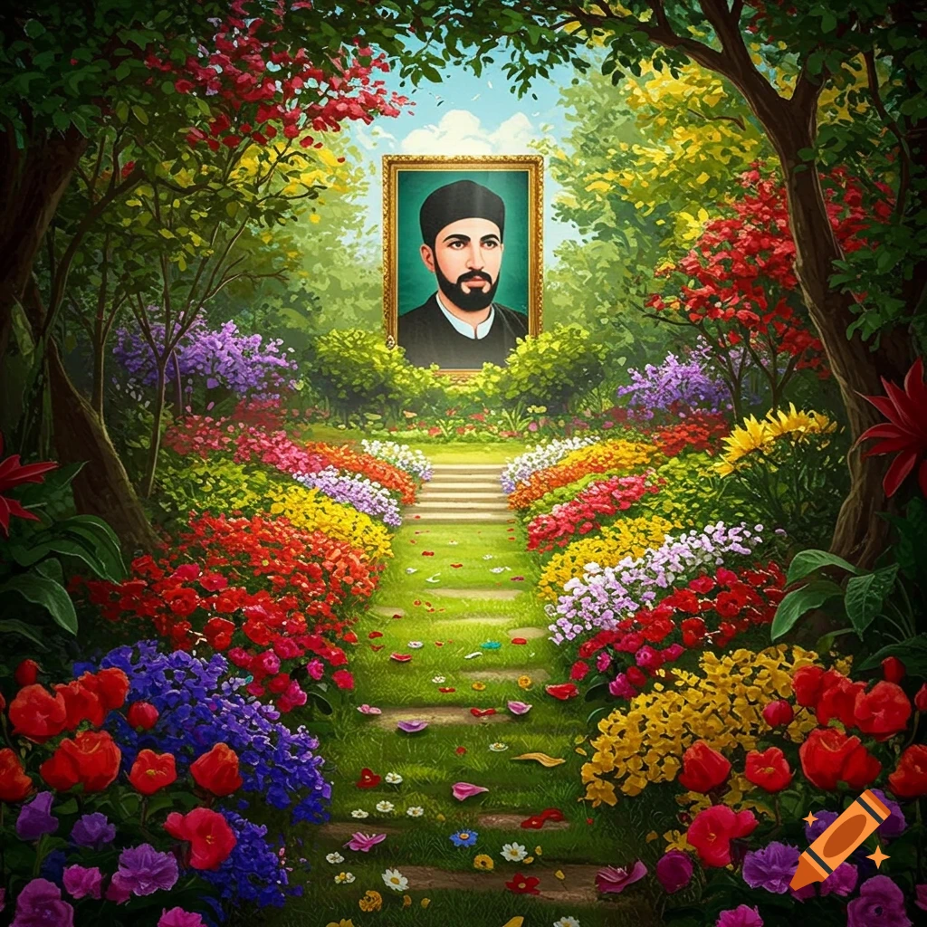 Portrait in a golden frame overlooking a vibrant garden path lined with colorful flowers.