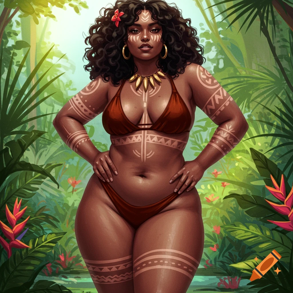 A woman with tribal markings wearing a bikini is in a jungle.