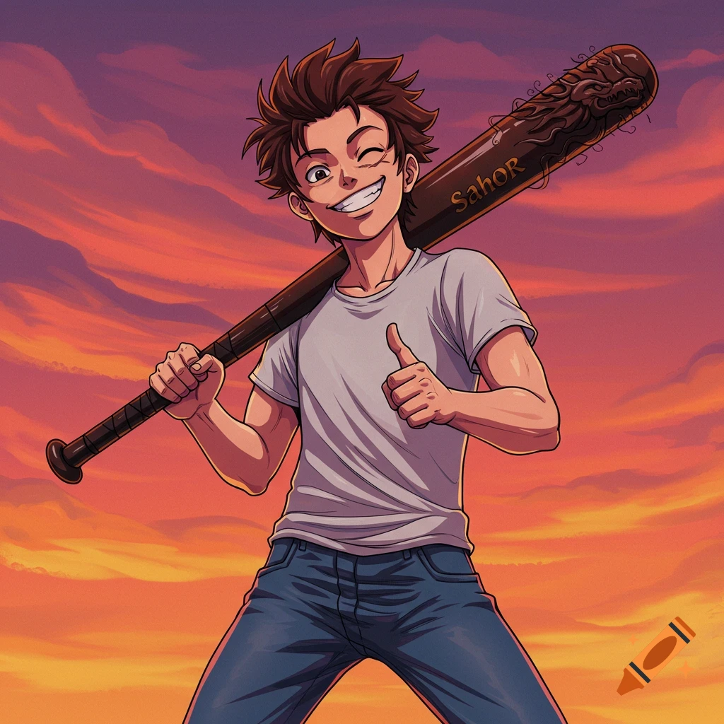 Anime illustration of a smiling young person holding a baseball bat and giving a thumbs up against an orange sky.